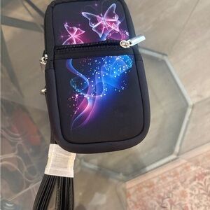 Butterfly Galaxy Black Crossbody Phone Case with Wrist Strap